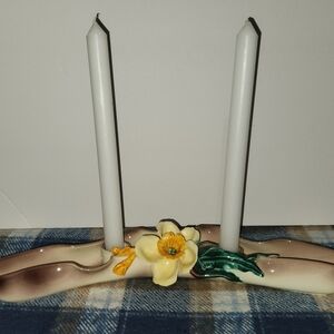 Vintage Floral Ceramic Candle Holder with White Candles